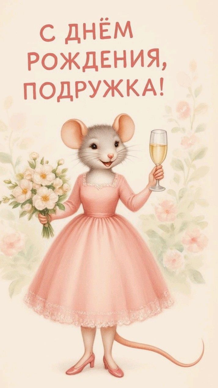 С днем рождения подружка. Открытка подруге. Поздравление для подруги. Открытка с мышкой.