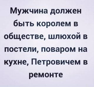 Мужчина должен быть королем в обществе, шлюхой в постели, поваром на кухне, Петровичем в ремонте – АйДаПрикол