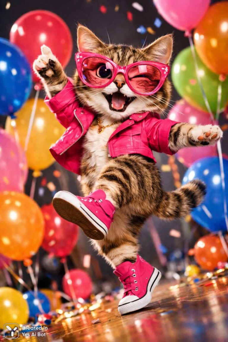 Игривый кот в стильных розовых очках задорно танцует на одной лапе в окружении красочных воздушных