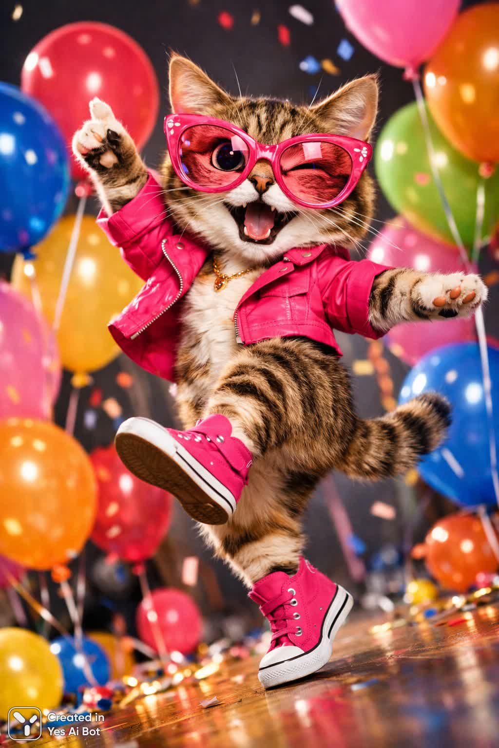 Игривый кот в стильных розовых очках задорно танцует на одной лапе в окружении красочных воздушных