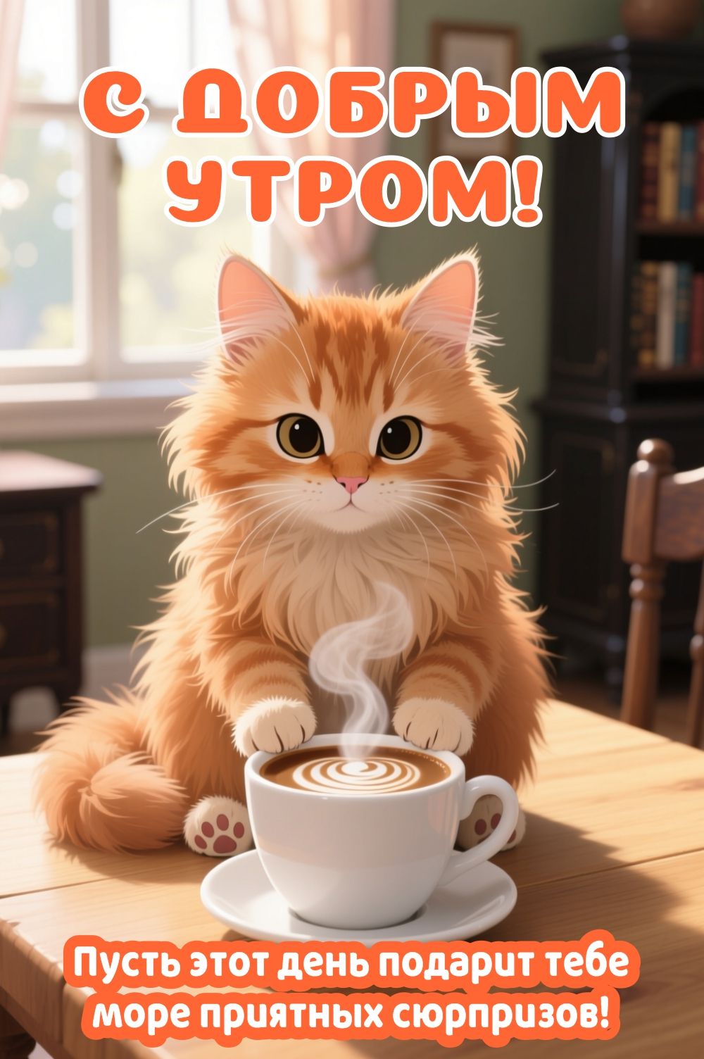 Милая открытка с добрым утром с рыжим котом и кофе